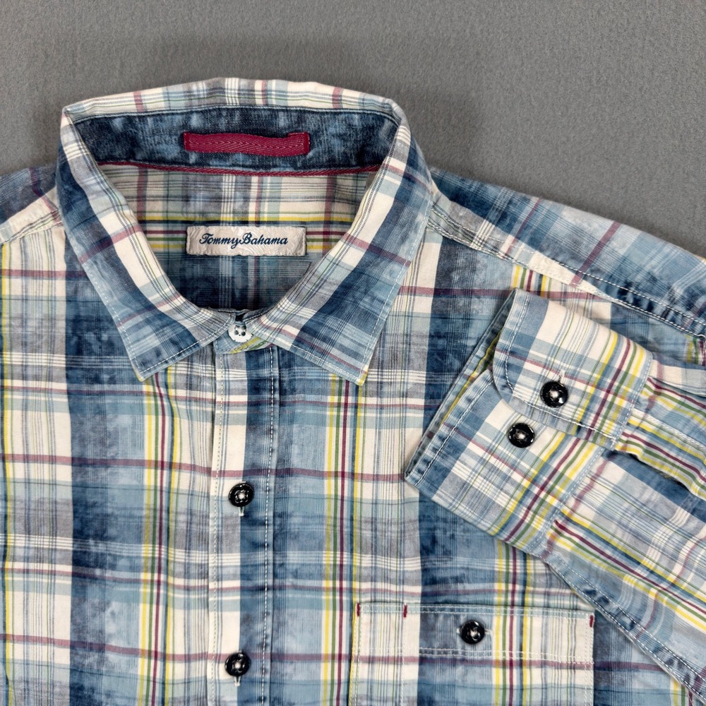 Tommy Bahama Mens Blue White Plaid Cotton Long Sleeve Button Down Shirt Size M